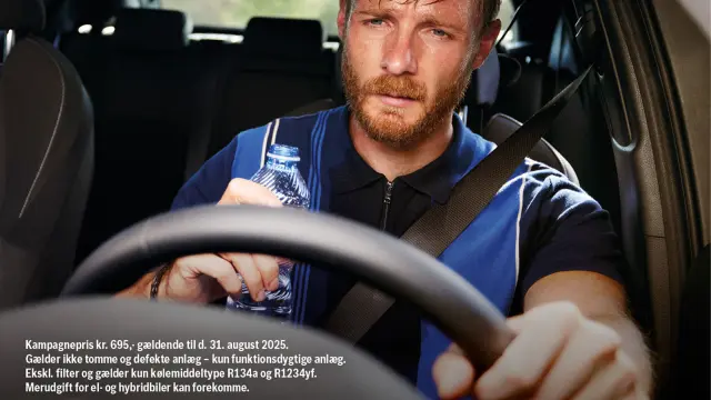 Kampagnepris kr. 695,- gældende til d. 31. august 2025. Gælder ikke tomme og defekte anlæg - kun funktionsdygtige anlæg. Ekskl. filter og gælder kun kølemiddeltype R134a og R1234yf. Merudgift for el- og hybridbiler kan forekomme.
