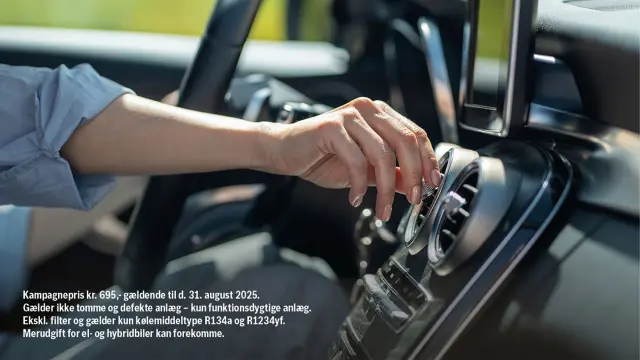 Kampagnepris kr. 695,- gældende til d. 31. august 2025. Gælder ikke tomme og defekte anlæg - kun funktionsdygtige anlæg. Ekskl. filter og gælder kun kølemiddeltype R134a og R1234yf. Merudgift for el- og hybridbiler kan forekomme.